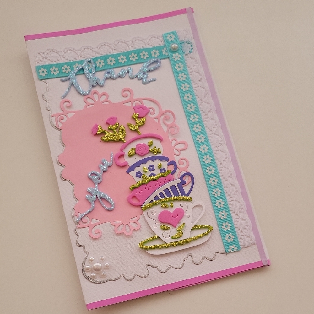 Hand Crafted Pink and Blue Floral Greeting Card